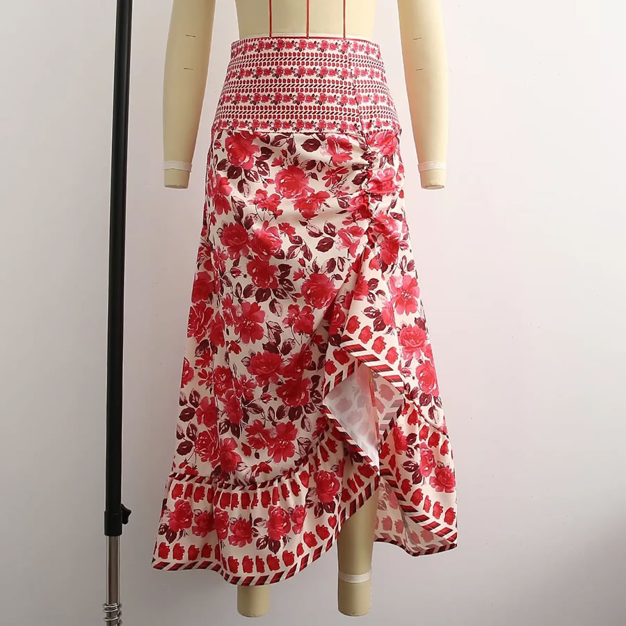 Fashion Red Flowers Floral Pleated Skirt,Skirts