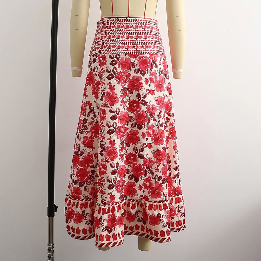 Fashion Red Flowers Floral Pleated Skirt,Skirts