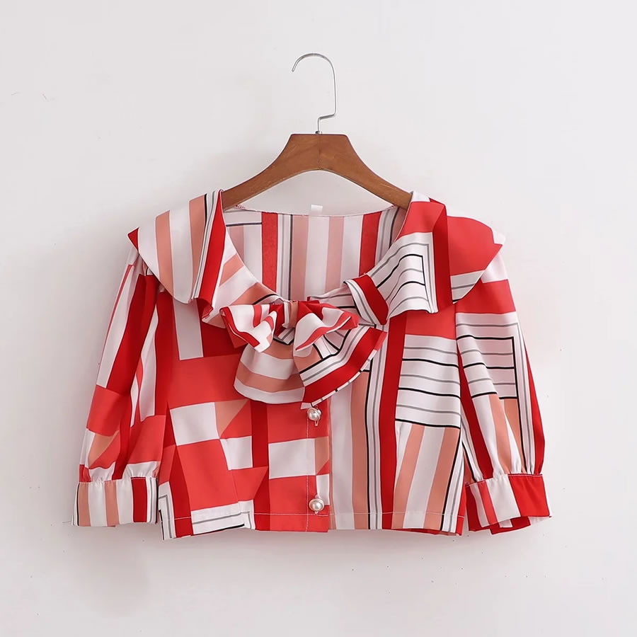 Fashion Red Geometric-print Button-up Lace Shirt,Blouses