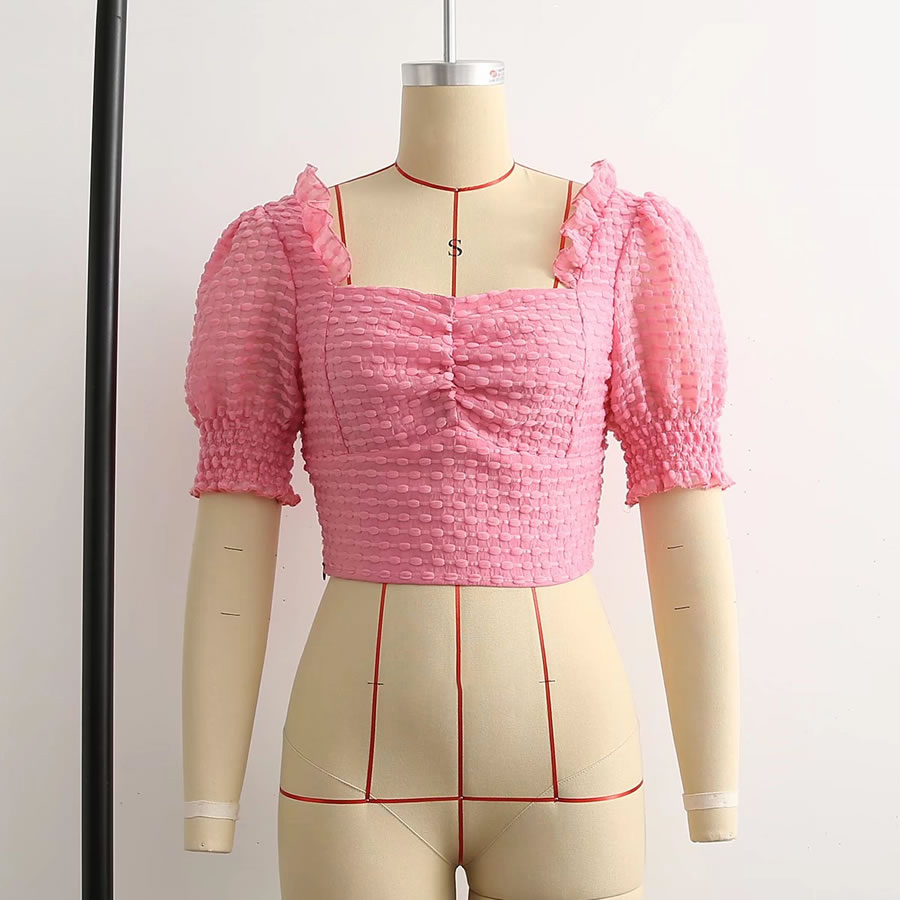 Fashion Pink Solid Jacquard Pleated Top,Blouses