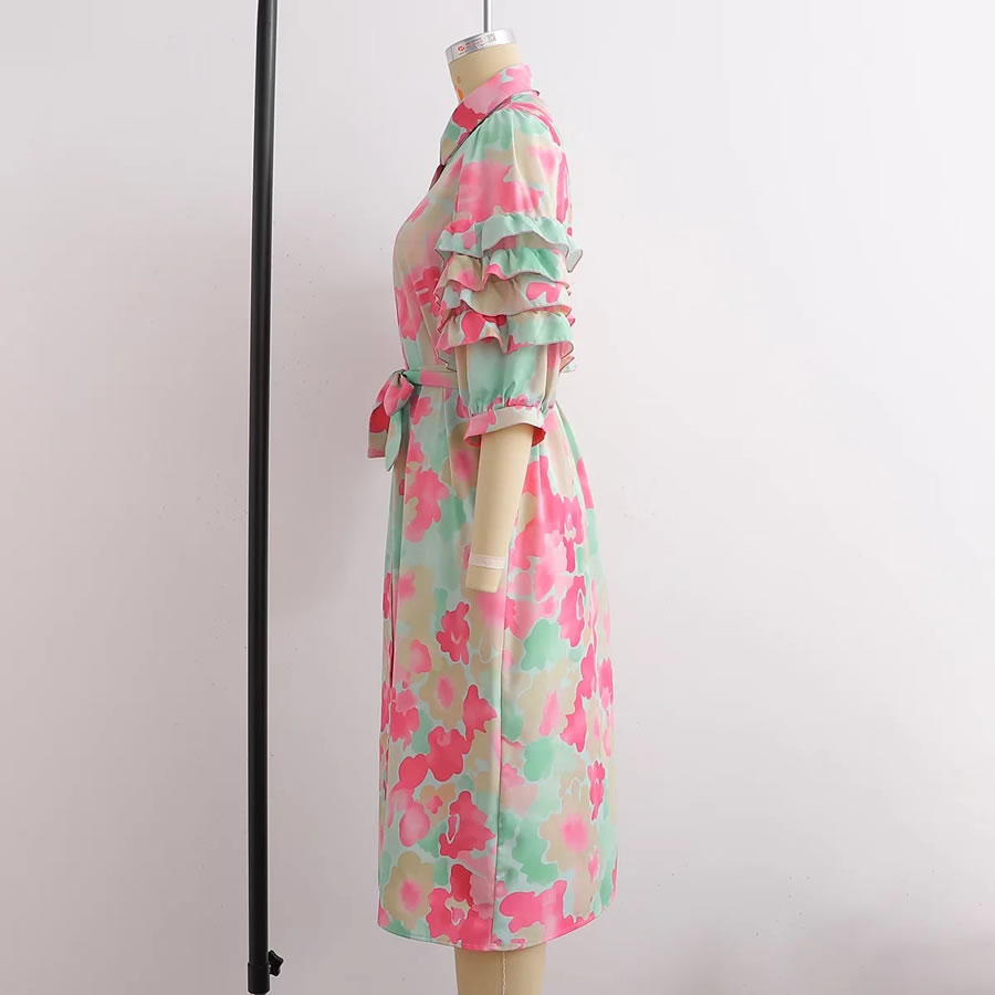 Fashion Pink Print Floral Cake Sleeve Button Dress,Mini & Short Dresses