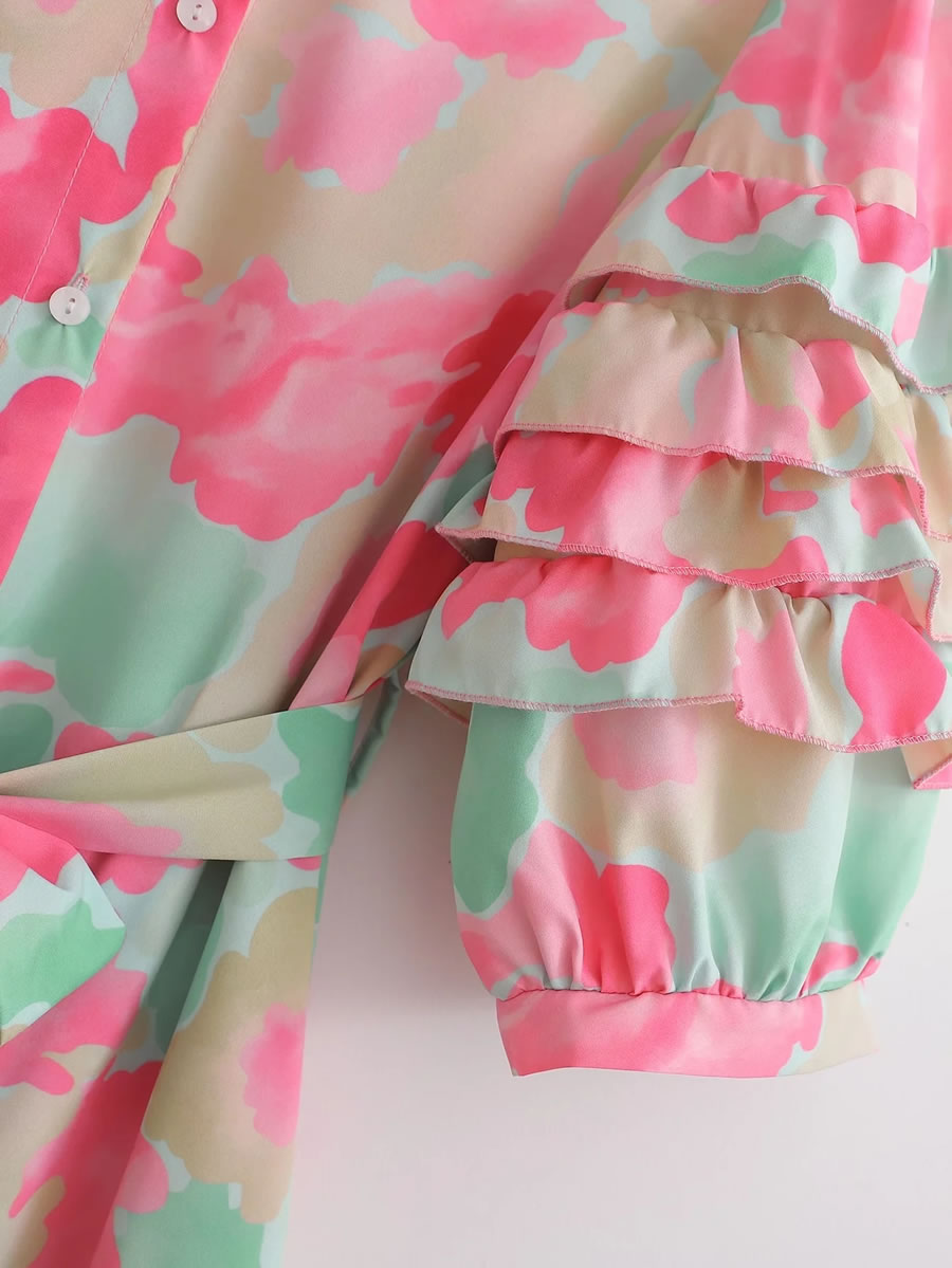 Fashion Pink Print Floral Cake Sleeve Button Dress,Mini & Short Dresses