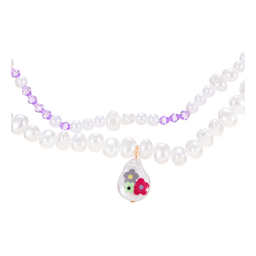 Fashion White Double Crystal Pearl Drop Print Pendant Necklace,Multi Strand Necklaces