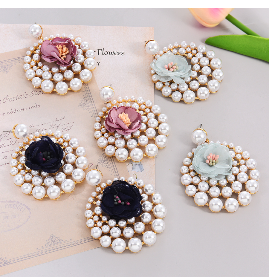 Fashion Navy Blue Alloy Pearl Gauze Flower Stud Earrings,Stud Earrings