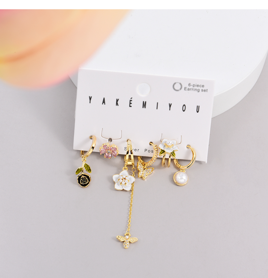 Fashion Color 6-piece Set Of Copper Inlaid Zirconium Oil Drop Flower Pearl Earrings,Earring Set