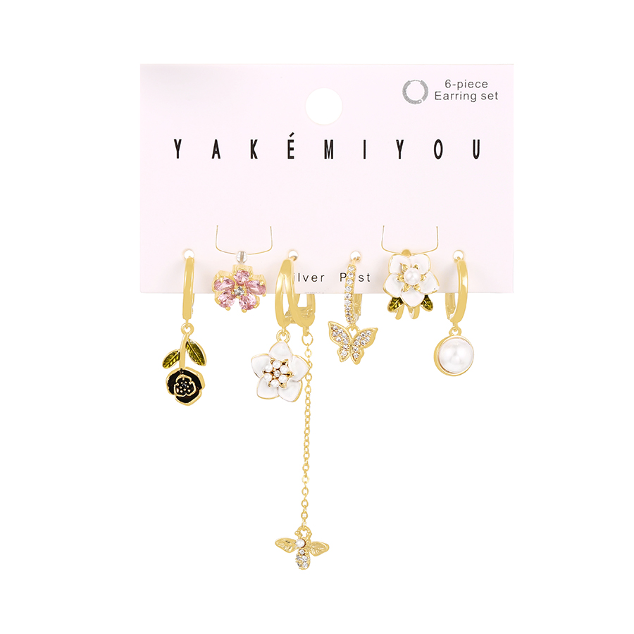 Fashion Color 6-piece Set Of Copper Inlaid Zirconium Oil Drop Flower Pearl Earrings,Earring Set