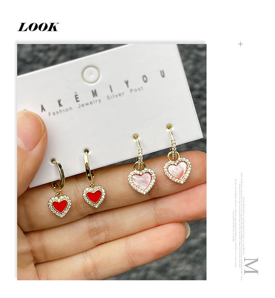 Fashion Red 4-piece Set Of Copper Inlaid Zircon Shell Dripping Oil Love Earrings,Earring Set