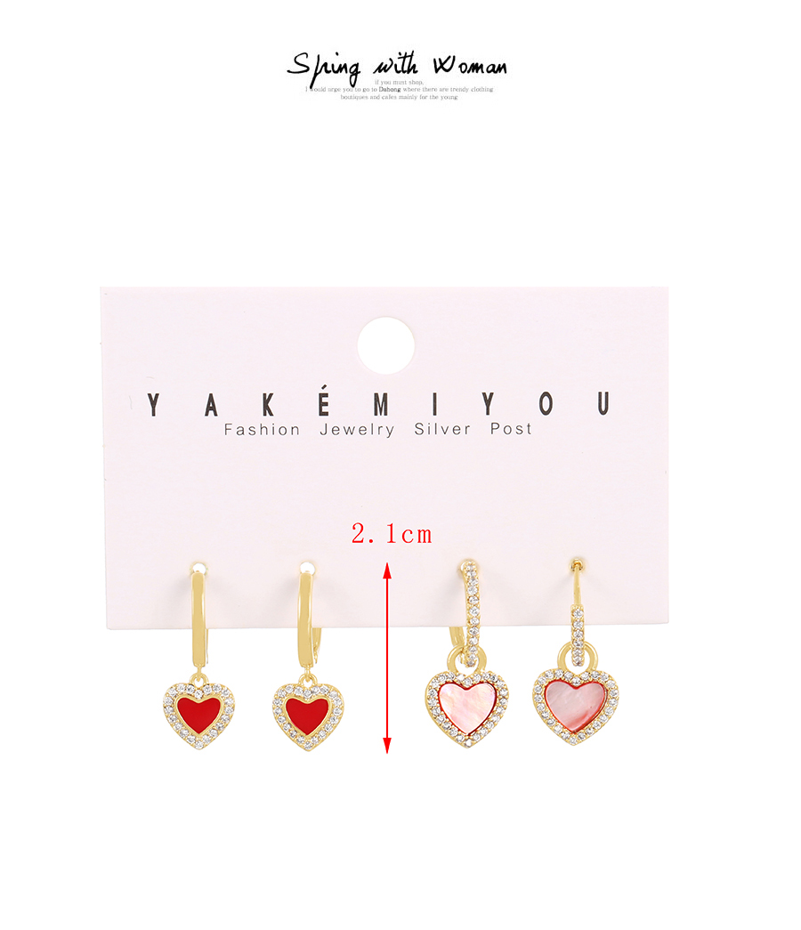 Fashion Red 4-piece Set Of Copper Inlaid Zircon Shell Dripping Oil Love Earrings,Earring Set