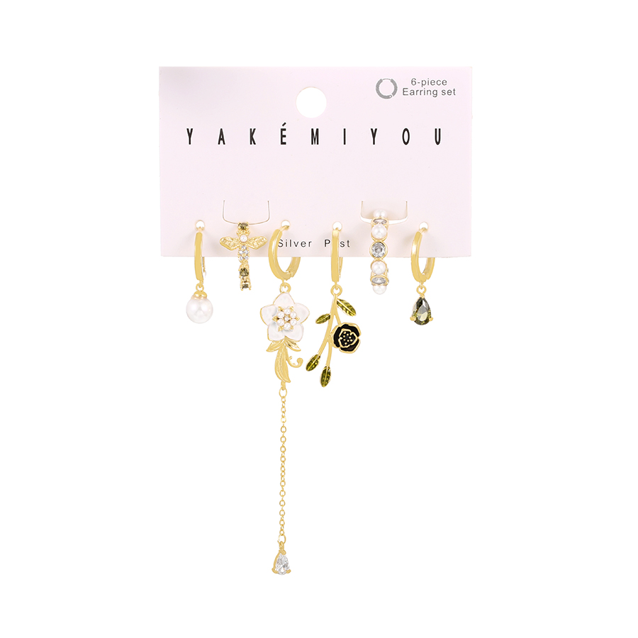 Fashion Color Set Of 6 Copper Inlaid Zircon Oil Flower Pearl Earrings,Earring Set
