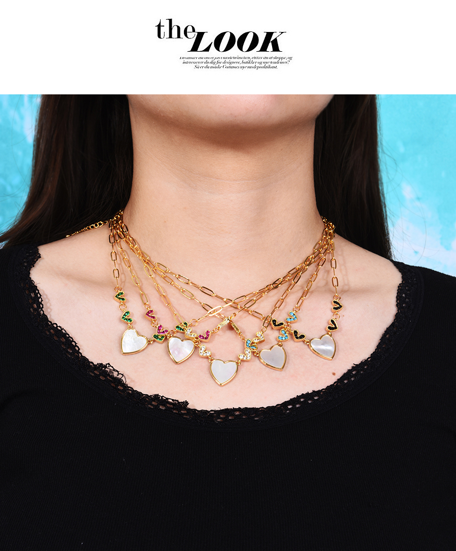 Fashion Green Bronze Zircon Shell Heart Pendant Necklace,Necklaces