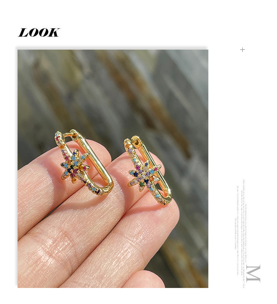 Fashion Color Copper Zircon Starburst Square Earrings,Earrings