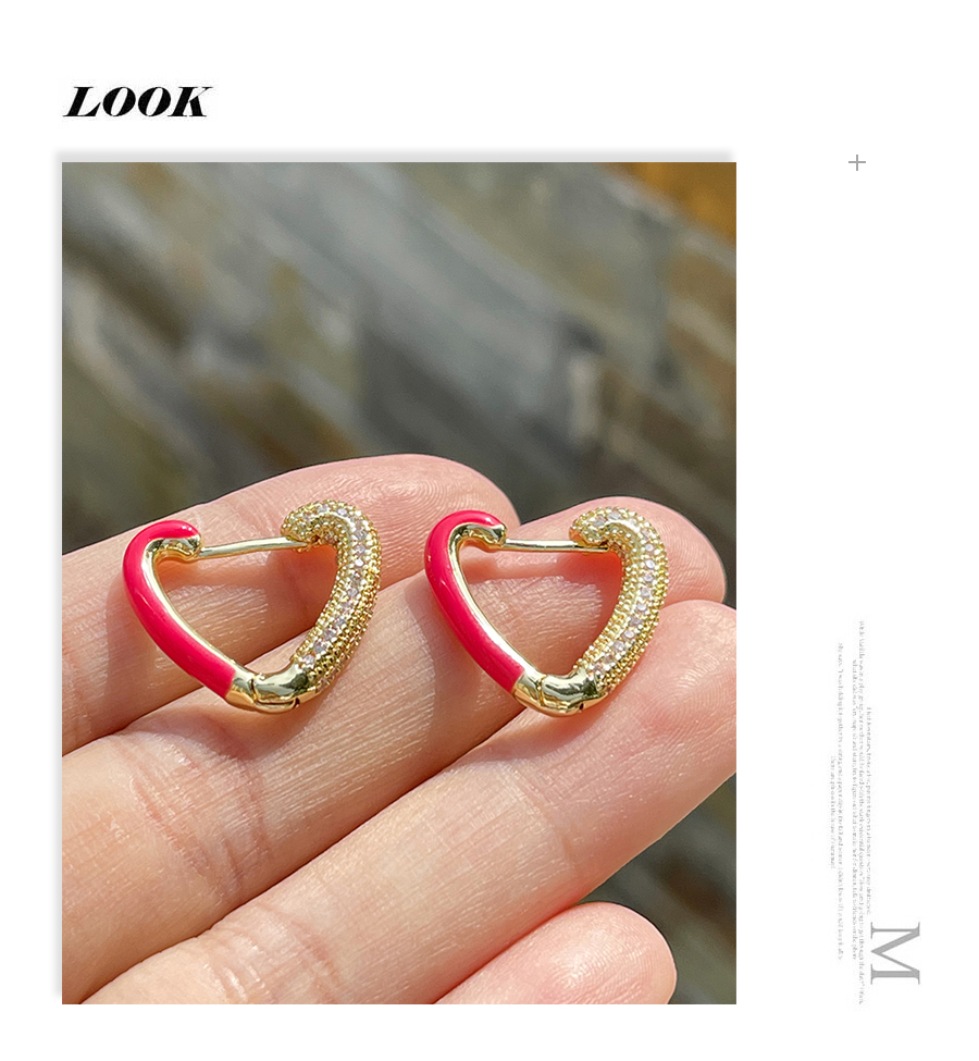 Fashion Orange Copper Inlaid Zircon Drip Oil Heart Earrings,Earrings