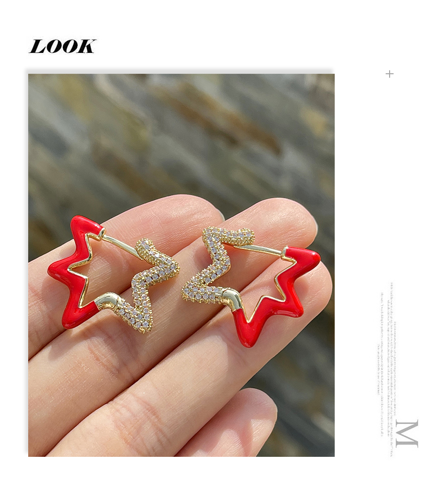 Fashion Red Brass Set Zircon Drip Oil Star Earrings,Earrings