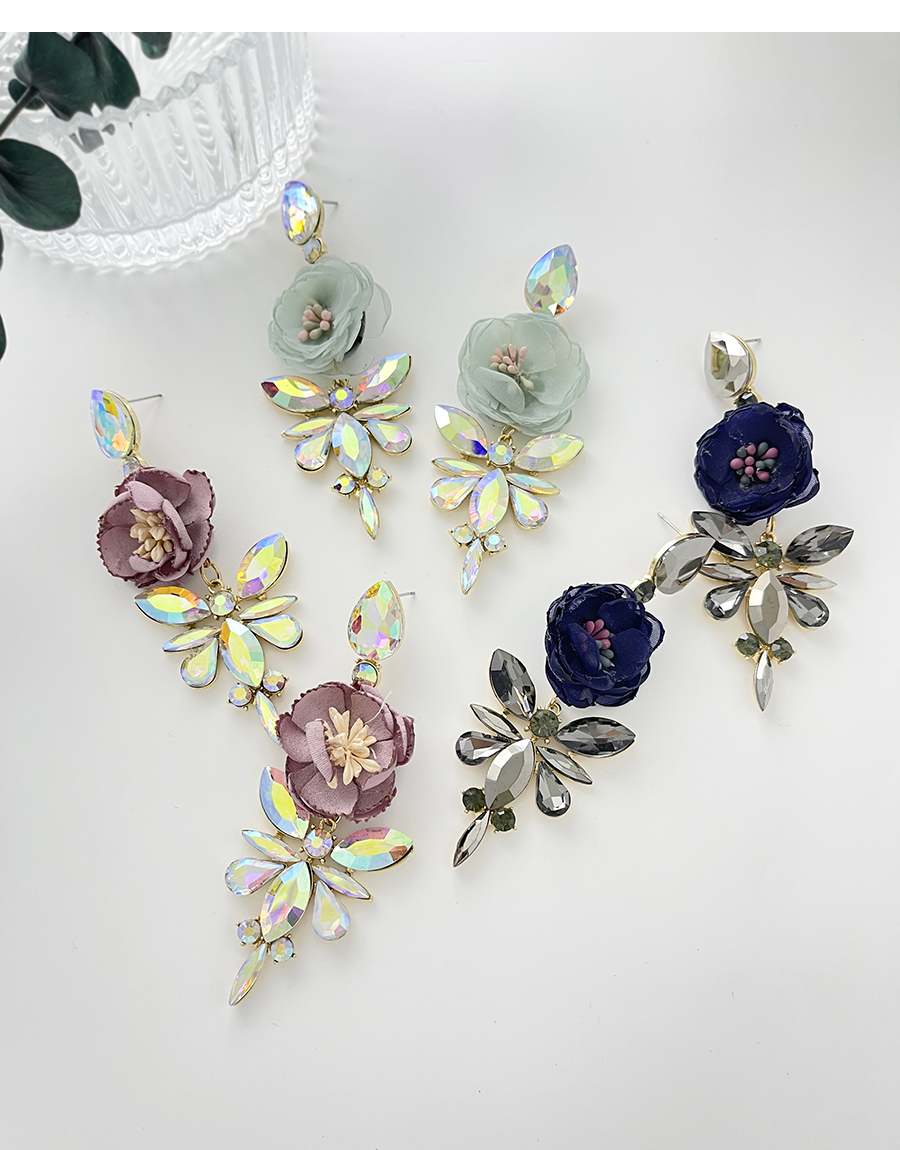 Fashion Navy Blue Alloy Diamond Water Drop Flower Stud Earrings,Stud Earrings