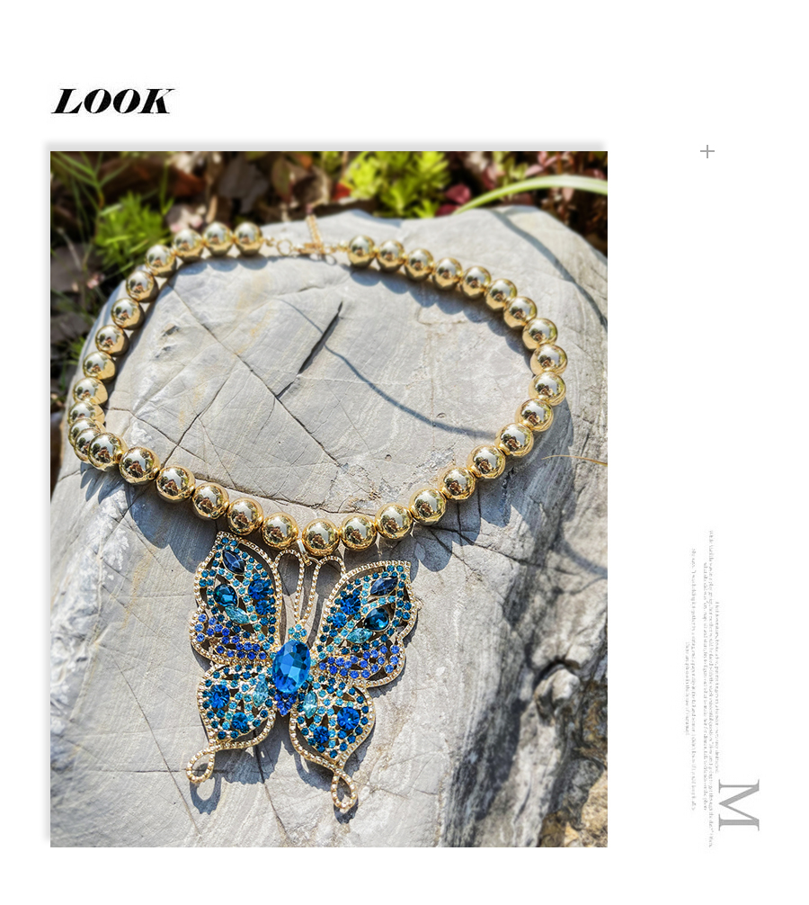 Fashion Blue Alloy Diamond Butterfly Pendant Beaded Necklace,Beaded Necklaces