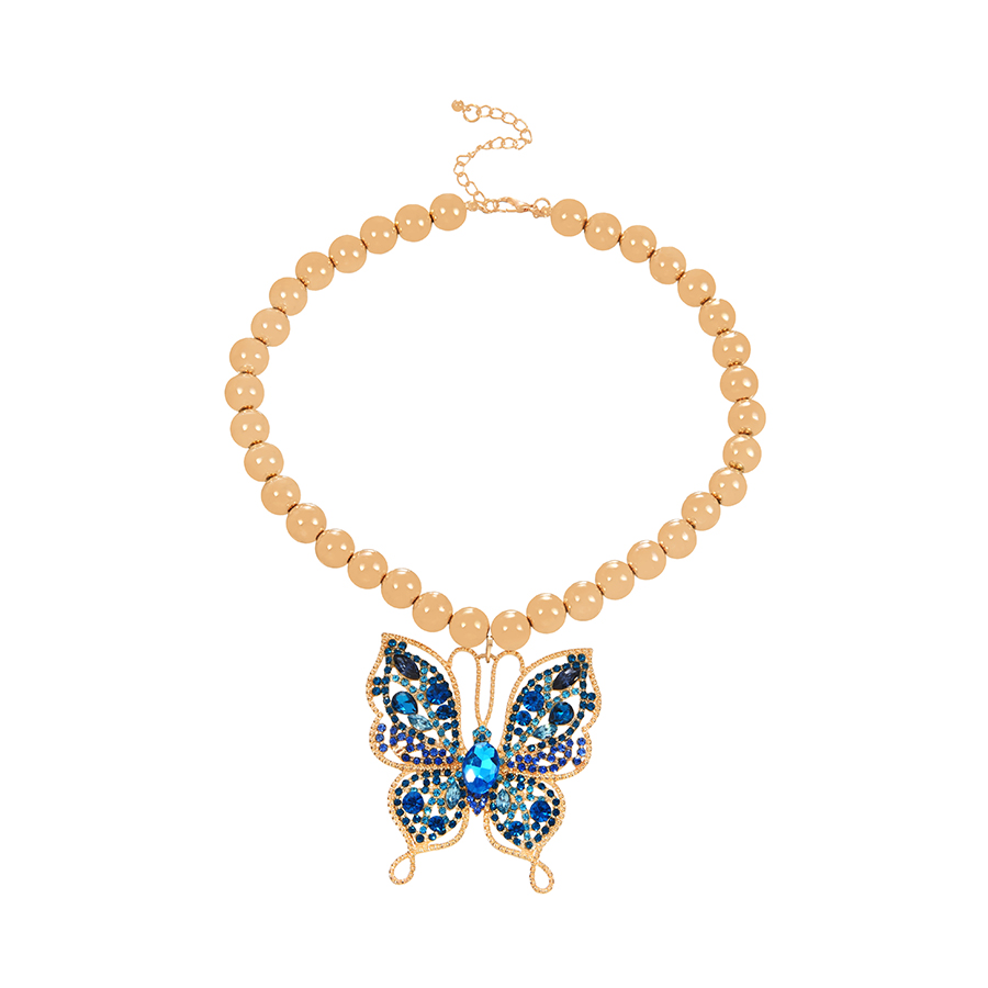 Fashion Blue Alloy Diamond Butterfly Pendant Beaded Necklace,Beaded Necklaces