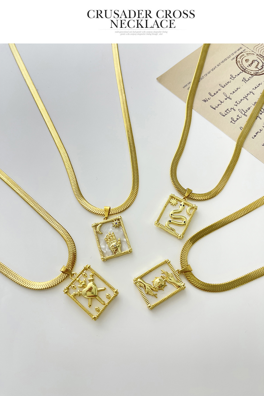 Fashion Gold-3 Bronze Zircon Shell Palm Square Pendant Titanium Steel Serpentine Necklace,Necklaces