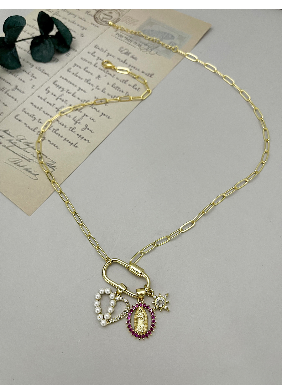 Fashion Gold-2 Bronze Zircon Pearl Love Portrait Pendant Necklace,Necklaces