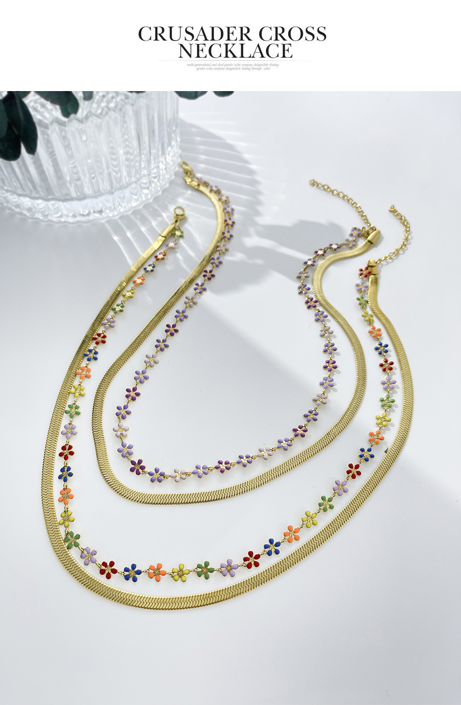 Fashion Color Titanium Steel Double Drop Glaze Flower Snake Pattern Chain Necklace,Necklaces