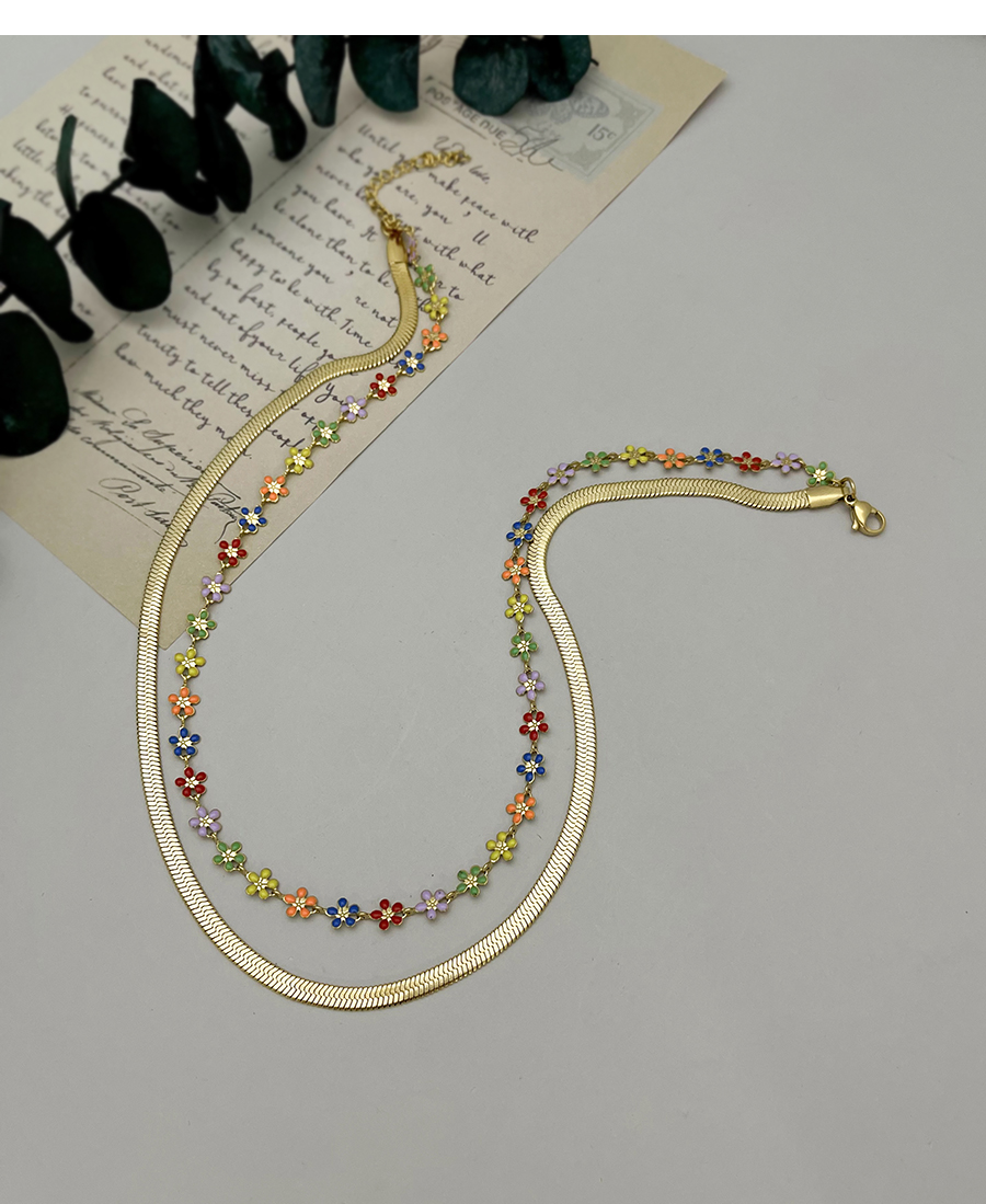Fashion Color Titanium Steel Double Drop Glaze Flower Snake Pattern Chain Necklace,Necklaces