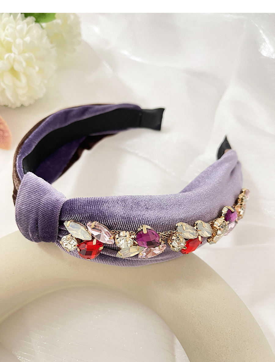 Fashion Purple Fabric Alloy Diamond Inlaid Water Drop Knotted Headband 7cm,Head Band