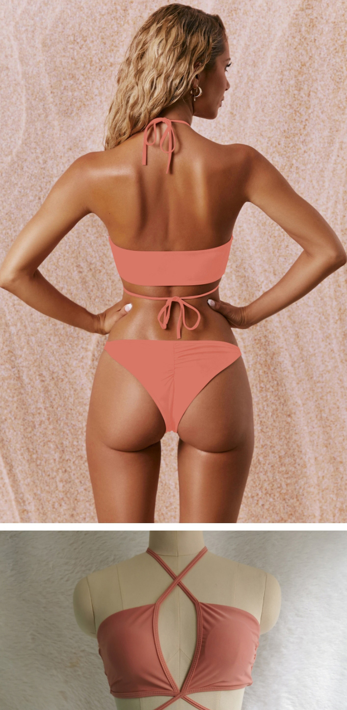 Fashion Pink Polyester Cross Halter Cutout Split Swimsuit,Bikini Sets