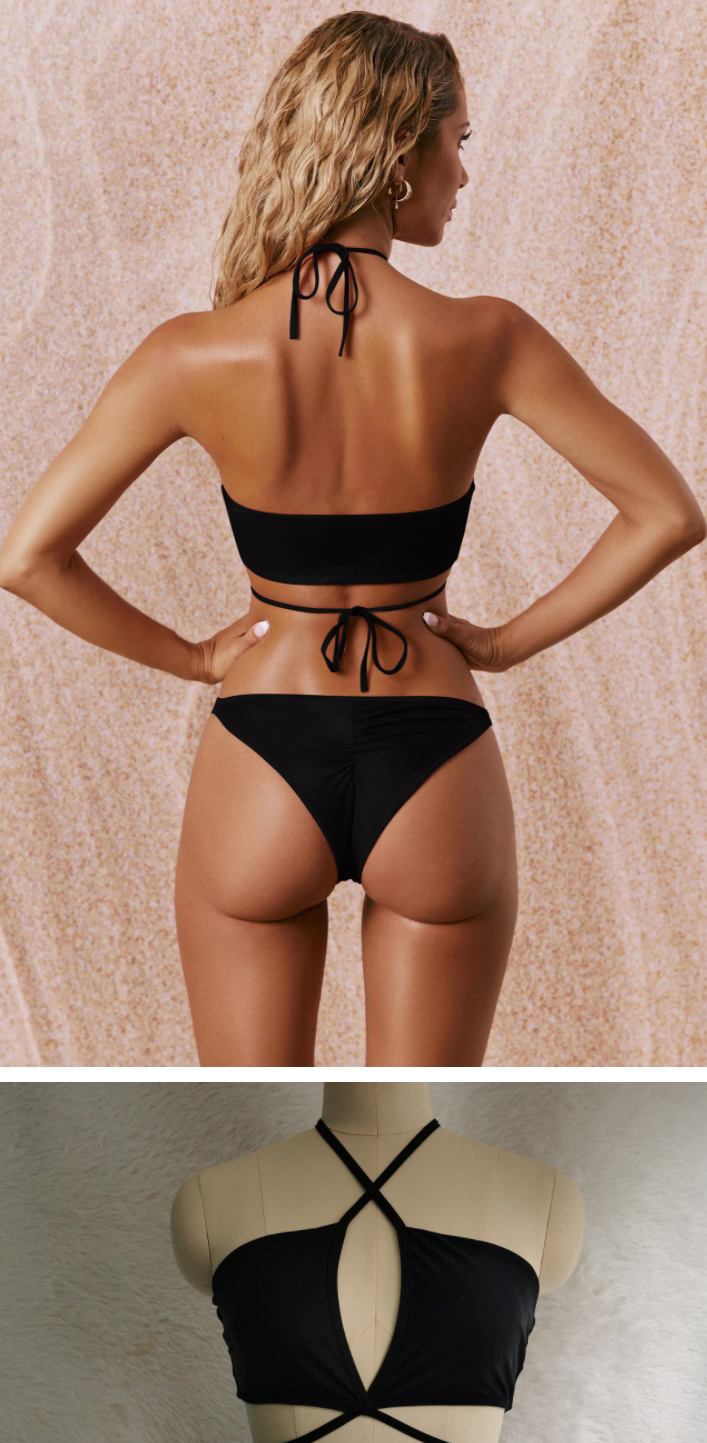 Fashion Black Polyester Cross Halter Cutout Split Swimsuit,Bikini Sets