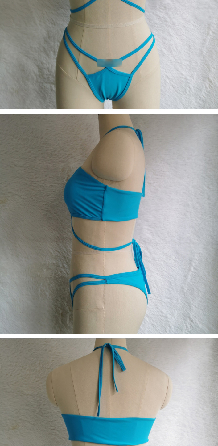 Fashion Lake Blue Polyester Cross Halter Cutout Split Swimsuit,Bikini Sets