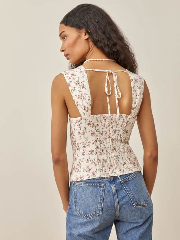 Fashion White Polyester Cotton Print Lace-up Vest,Tank Tops & Camis