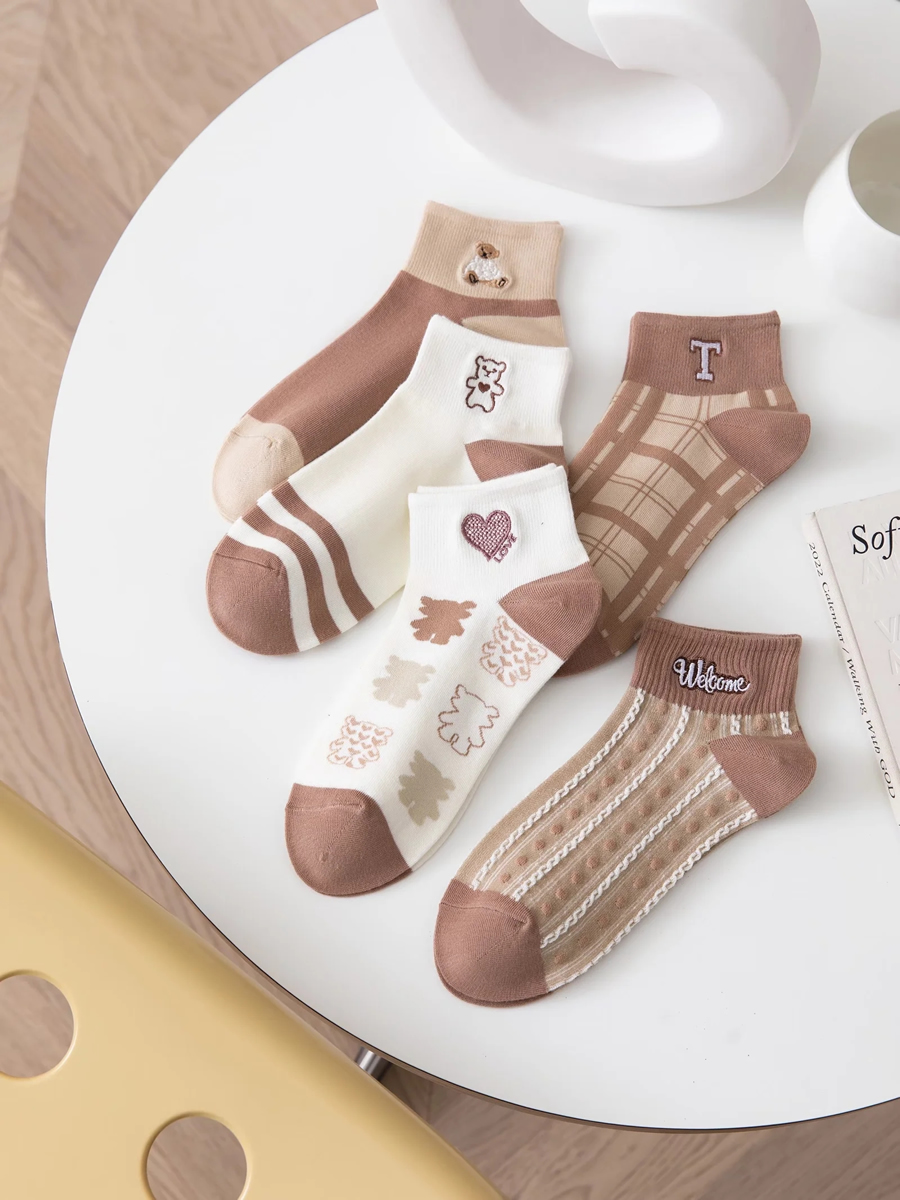 Fashion 5 Pairs Bear Letter Embroidered Socks,Fashion Socks