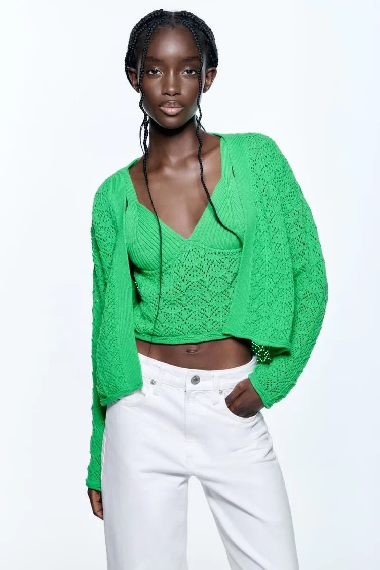 Fashion Green Cutout Knitted Jacket,Sweater