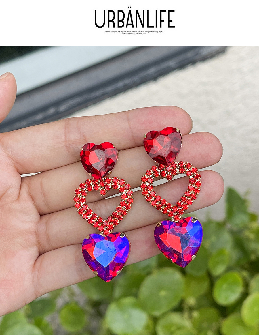 Fashion Red Alloy Diamond Hollow Heart Stud Earrings,Stud Earrings