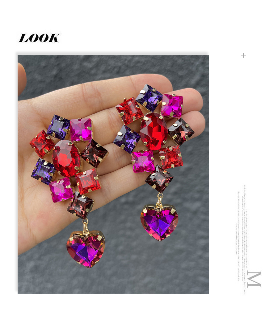 Fashion Color Alloy Diamond Heart Geometric Stud Earrings,Stud Earrings