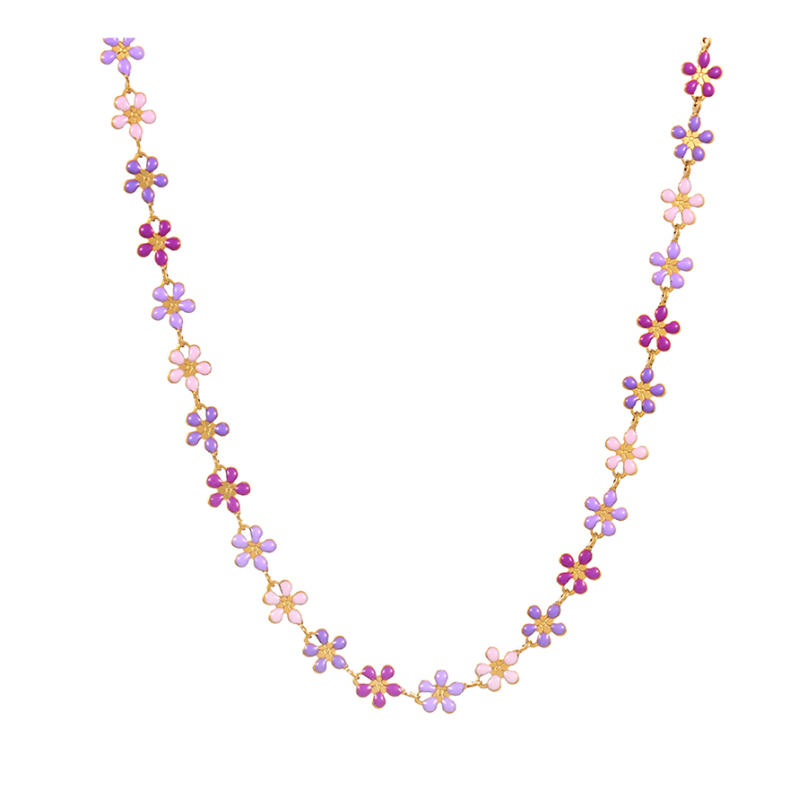 Fashion Purple Titanium Steel Drop Oil Flower Necklace,Necklaces