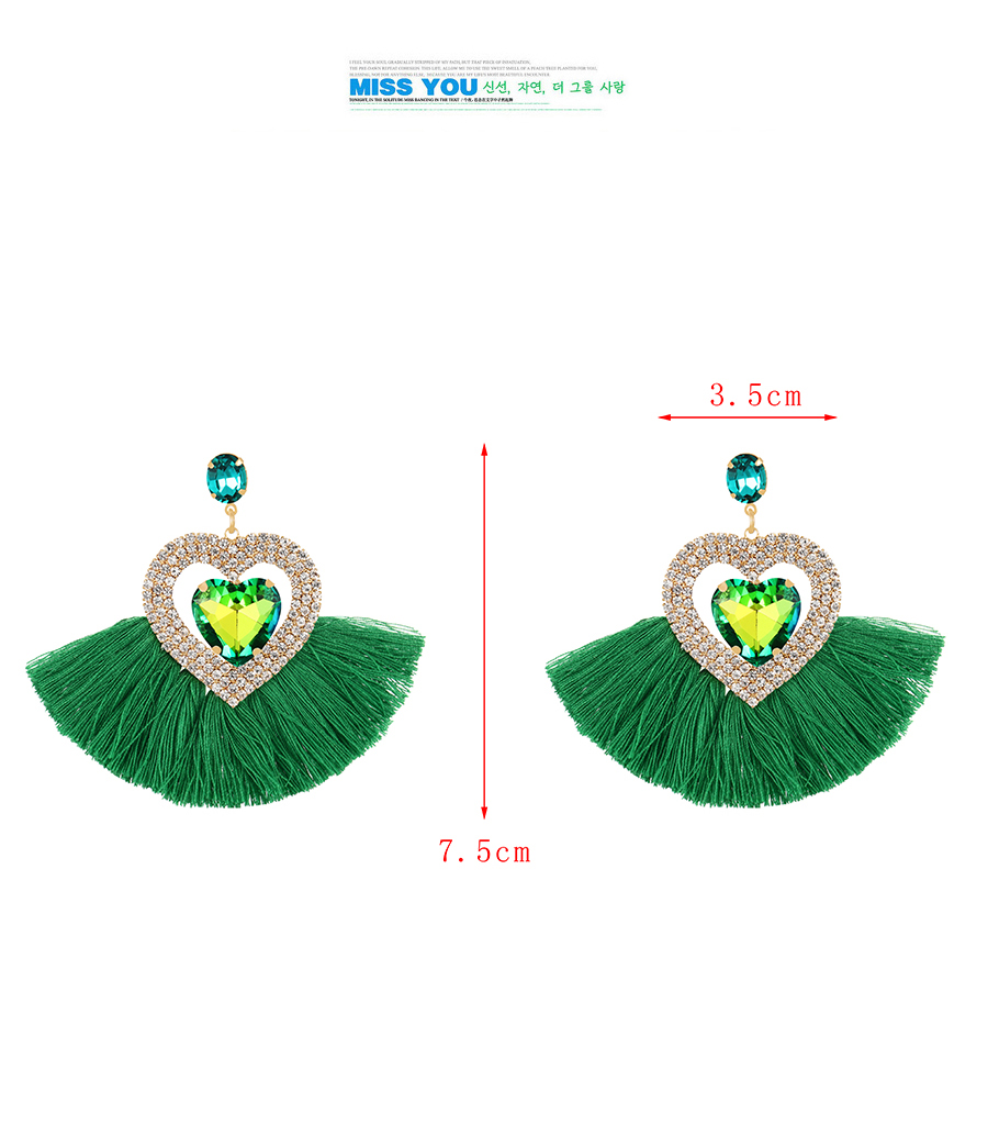Fashion Green Alloy Rhinestone Heart Tassel Stud Earrings,Stud Earrings