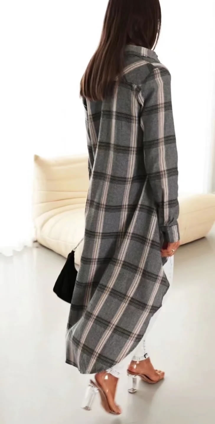 Fashion Grey All Polyester Check Irregular Hem Button-down Shirt Dress,Long Dress