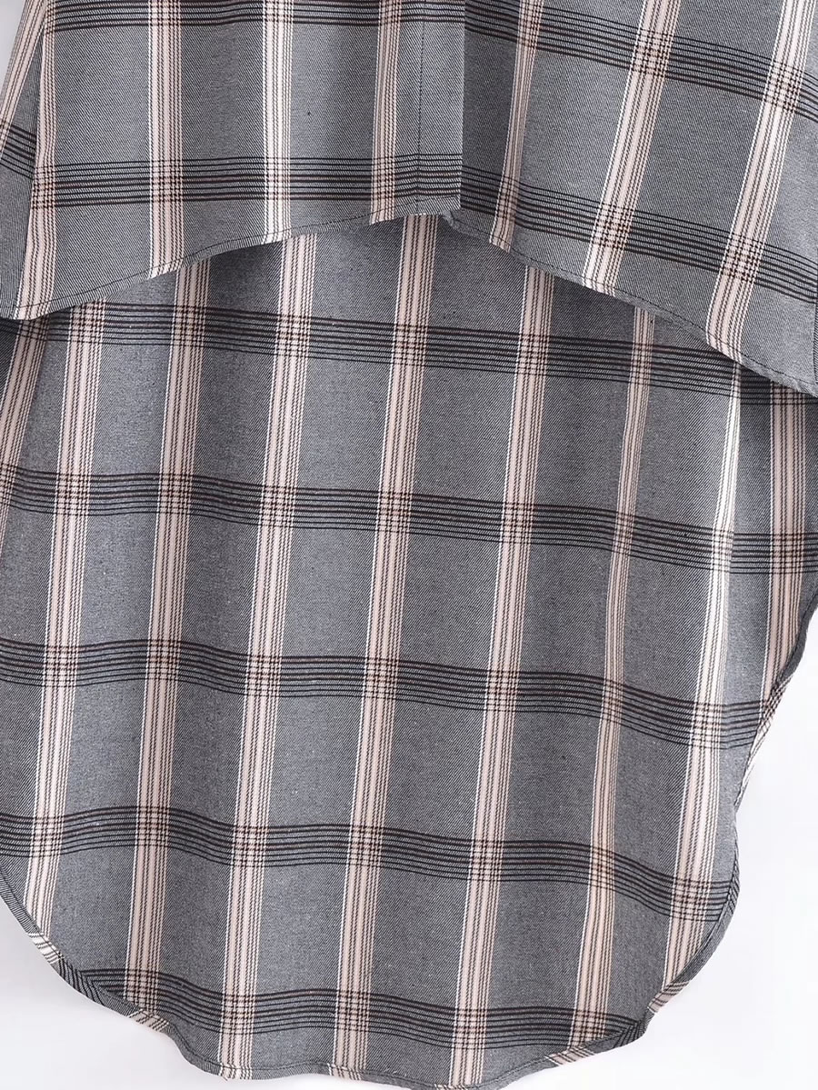Fashion Grey All Polyester Check Irregular Hem Button-down Shirt Dress,Long Dress