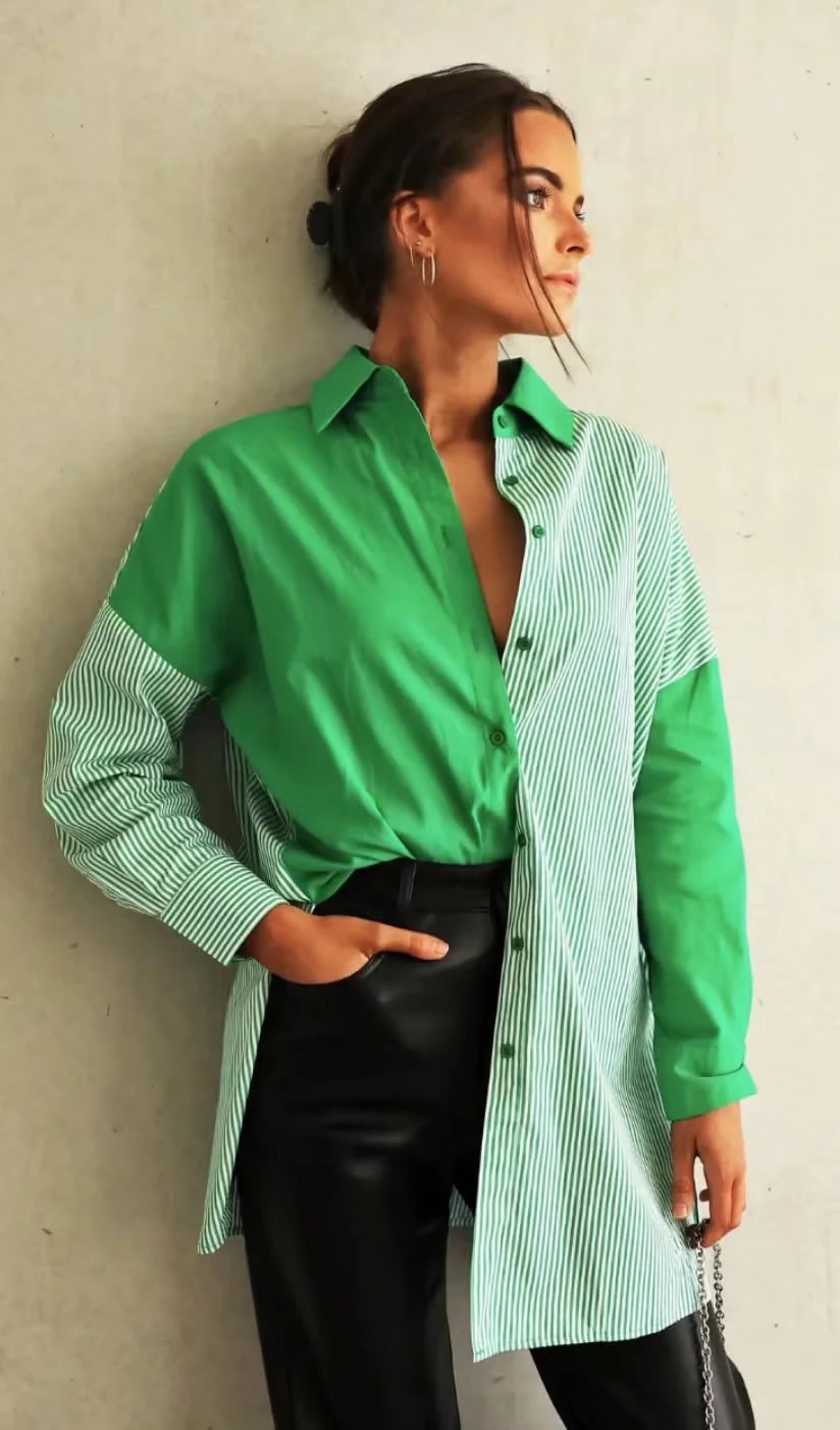 Fashion Green Striped Panelled Button-up Shirt,Blouses
