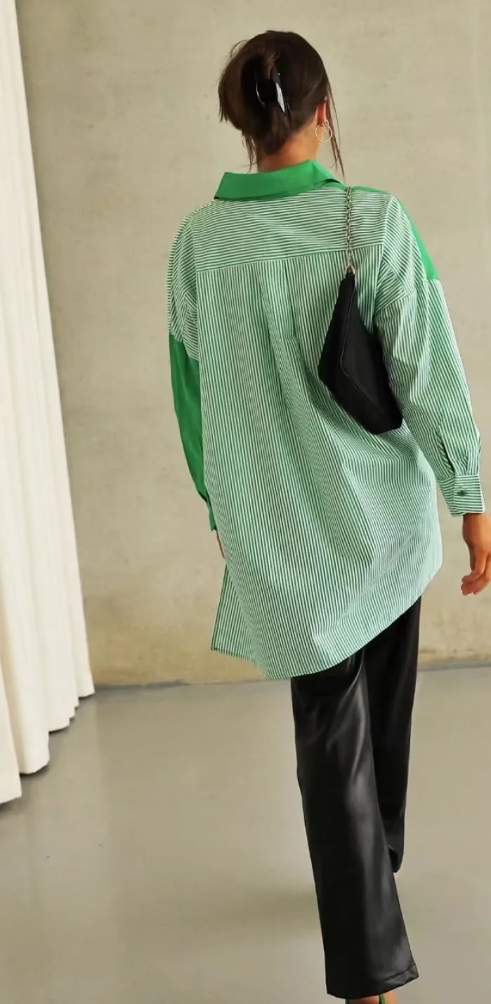 Fashion Green Striped Panelled Button-up Shirt,Blouses