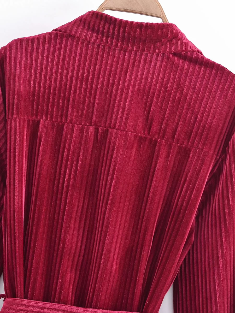 Fashion Red Stripes Striped Velvet Lace-up Dress,Long Dress