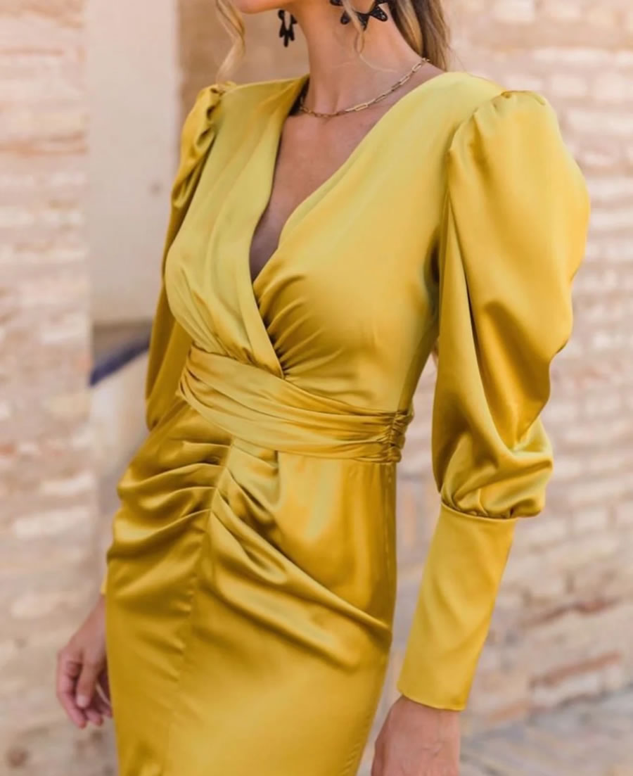 Fashion Yellow Satin V-neck Pleated Dress,Long Dress