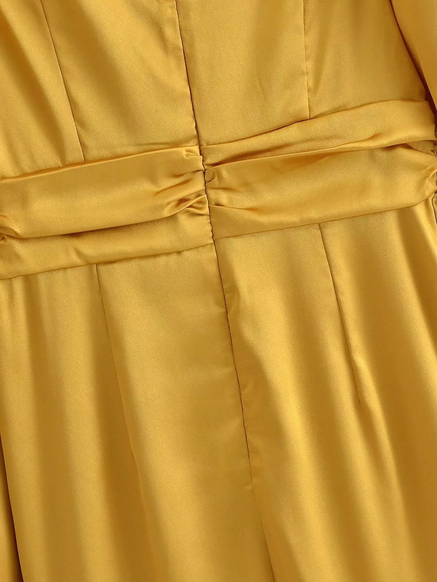 Fashion Yellow Satin V-neck Pleated Dress,Long Dress