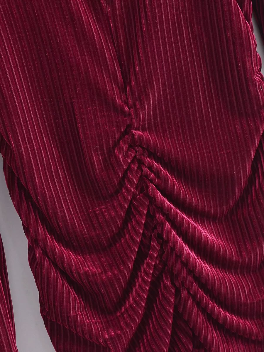 Fashion Red Velvet Striped Pleated Dress,Long Dress