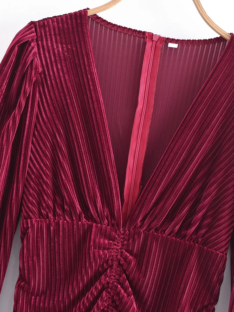 Fashion Red Velvet Striped Pleated Dress,Long Dress