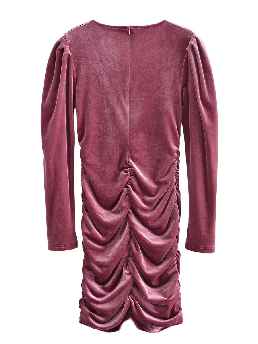 Fashion Pink Velvet V-neck Pleated Dress,Long Dress