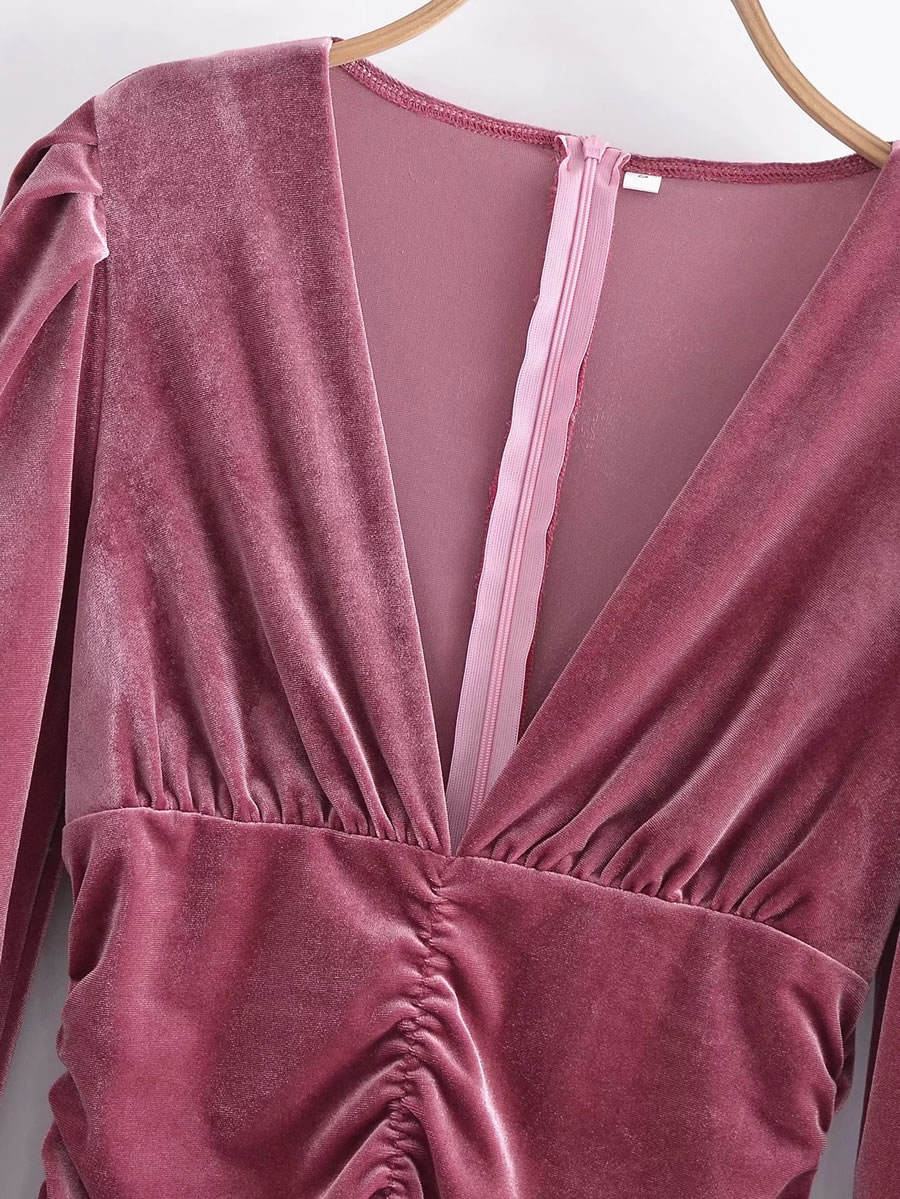 Fashion Pink Velvet V-neck Pleated Dress,Long Dress