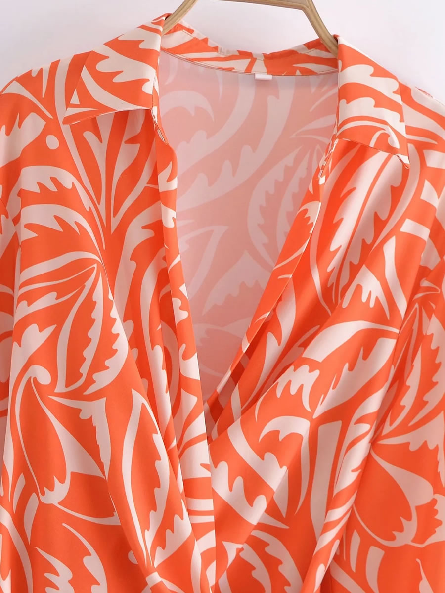 Fashion Orange Print Printed Waist Dress,Long Dress