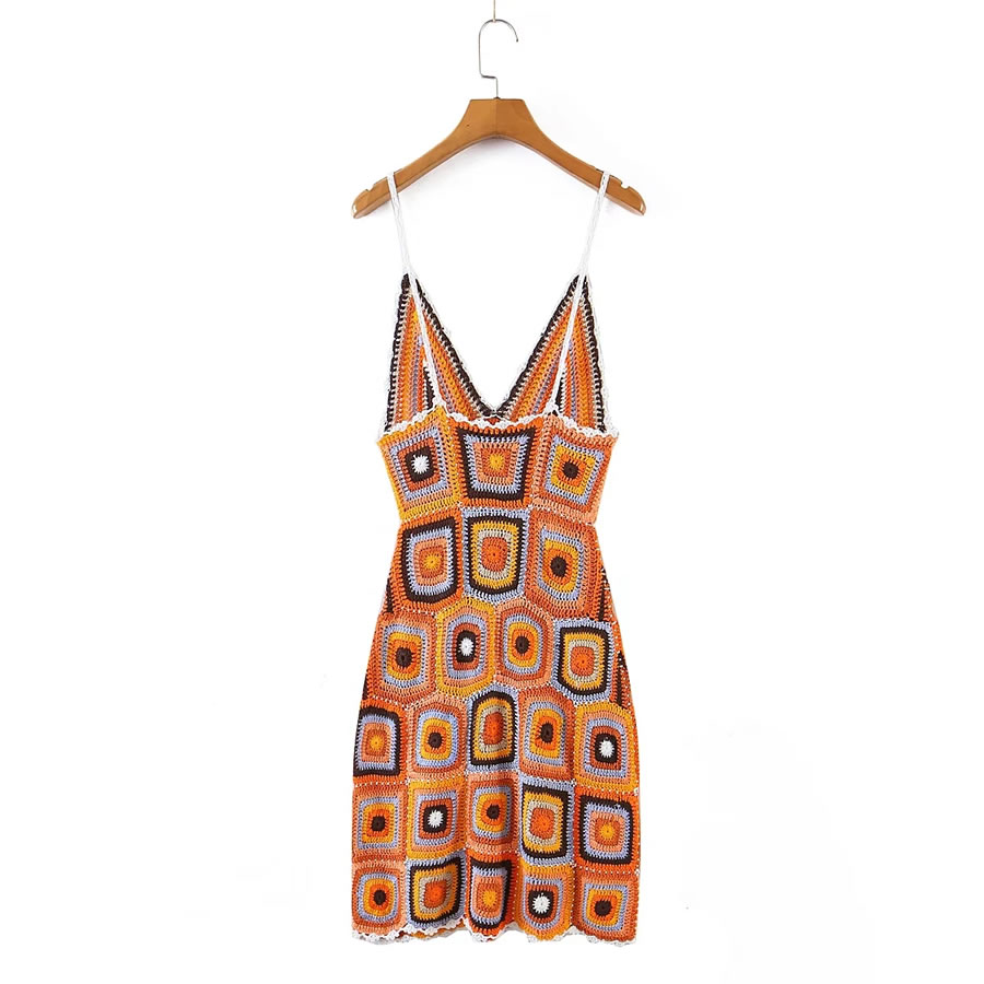 Fashion Checkered Blend Hand Crochet V-neck Slip Dress,Mini & Short Dresses