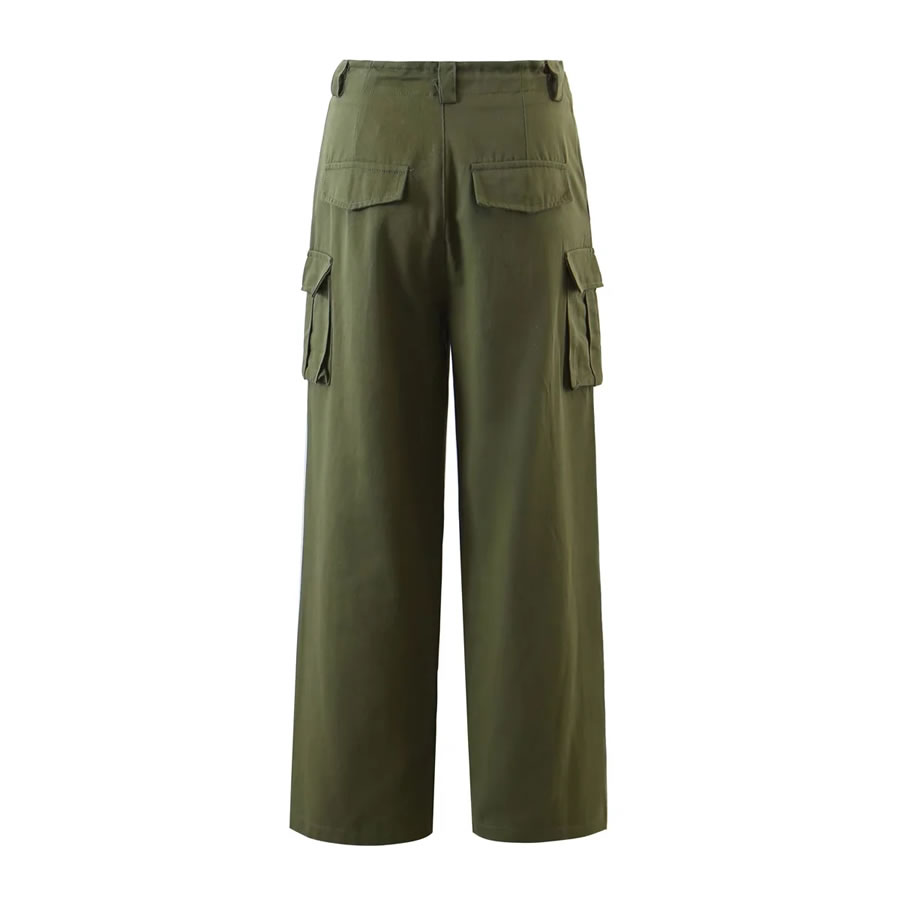 Fashion Army Green Blend Multi-pocket Lace-up Straight-leg Trousers,Pants