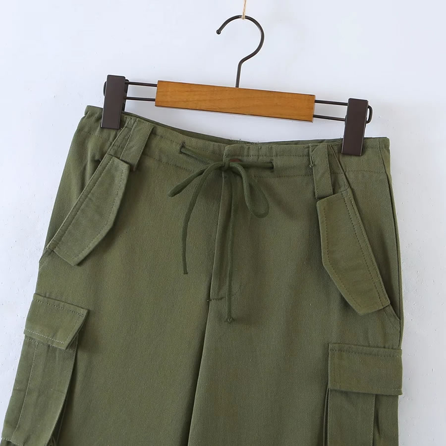 Fashion Army Green Blend Multi-pocket Lace-up Straight-leg Trousers,Pants